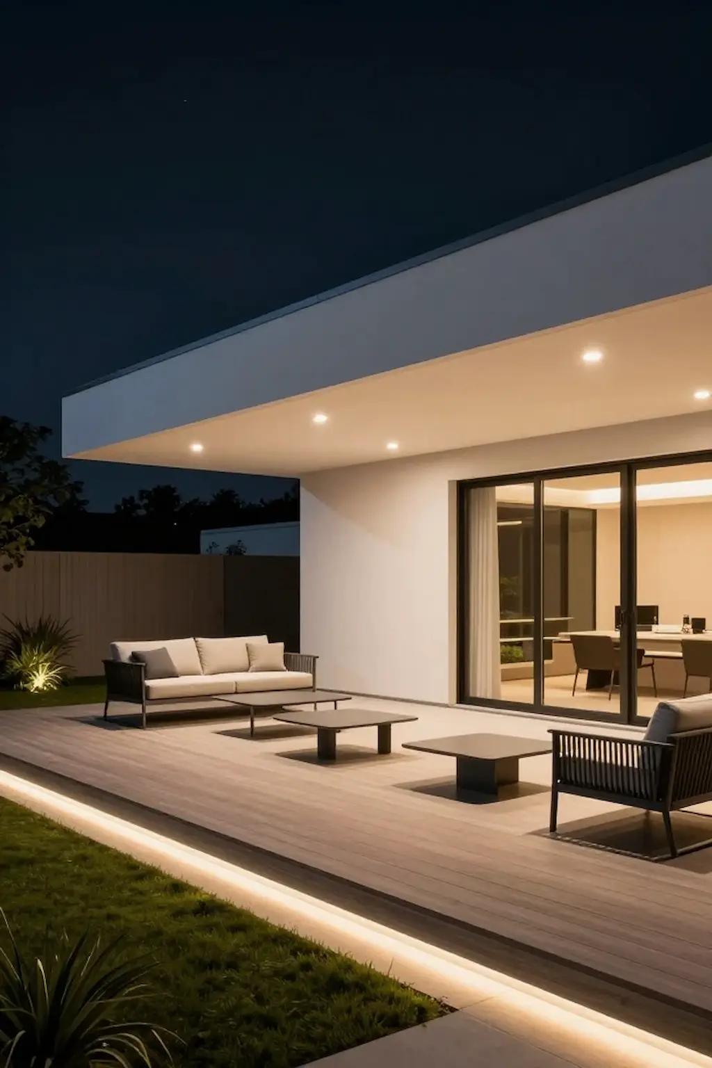 Modern wooden deck featuring built-in recessed lighting for a sleek appearance
