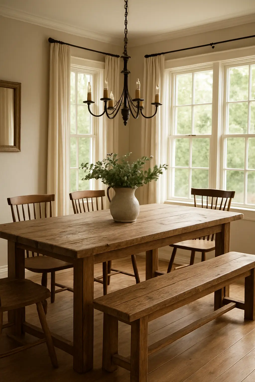 Rustic farmhouse dining room with reclaimed wood table, wooden benches, spindle-back chairs, and vintage lighting