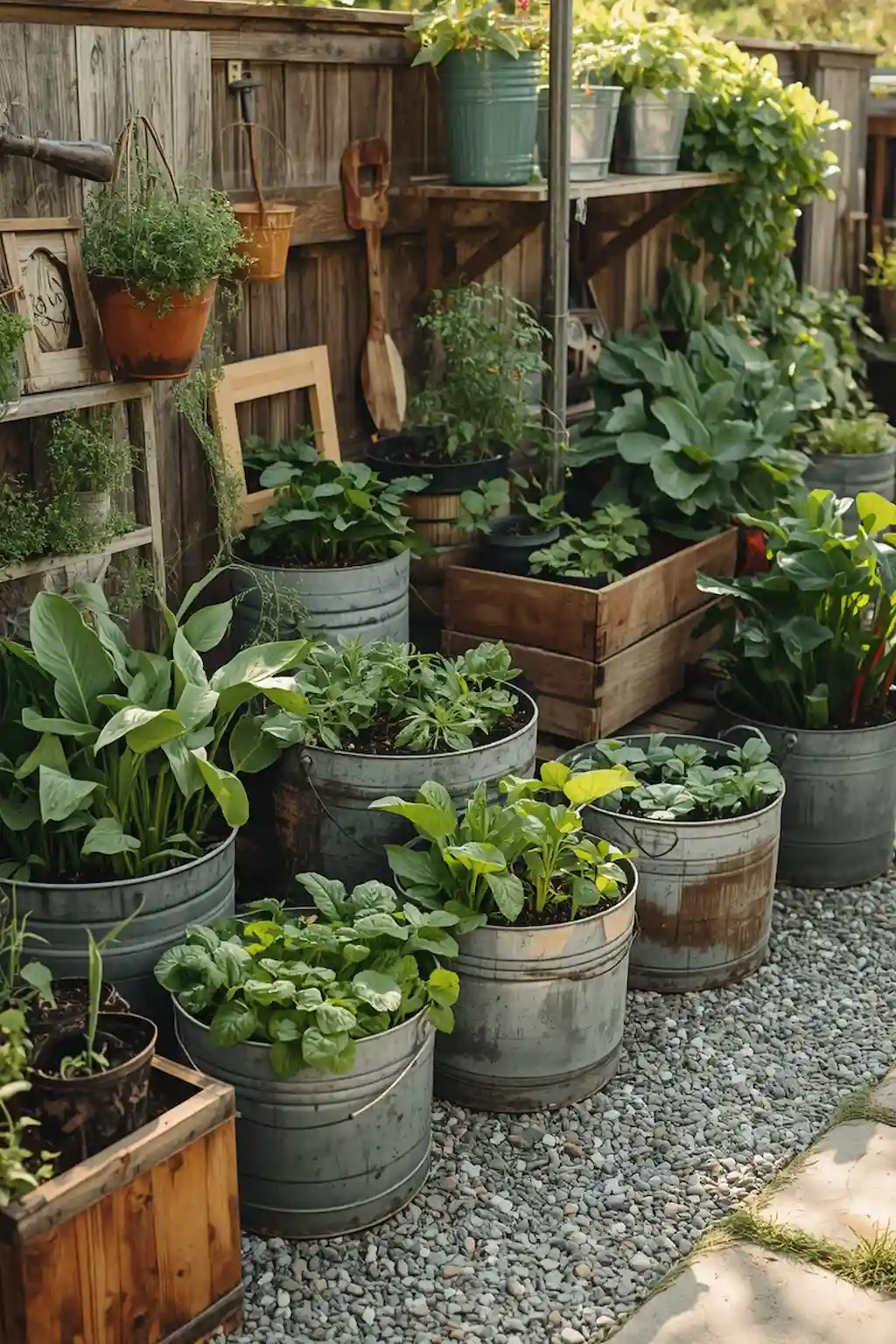 Vegetable garden made with recycled containers and creative planters