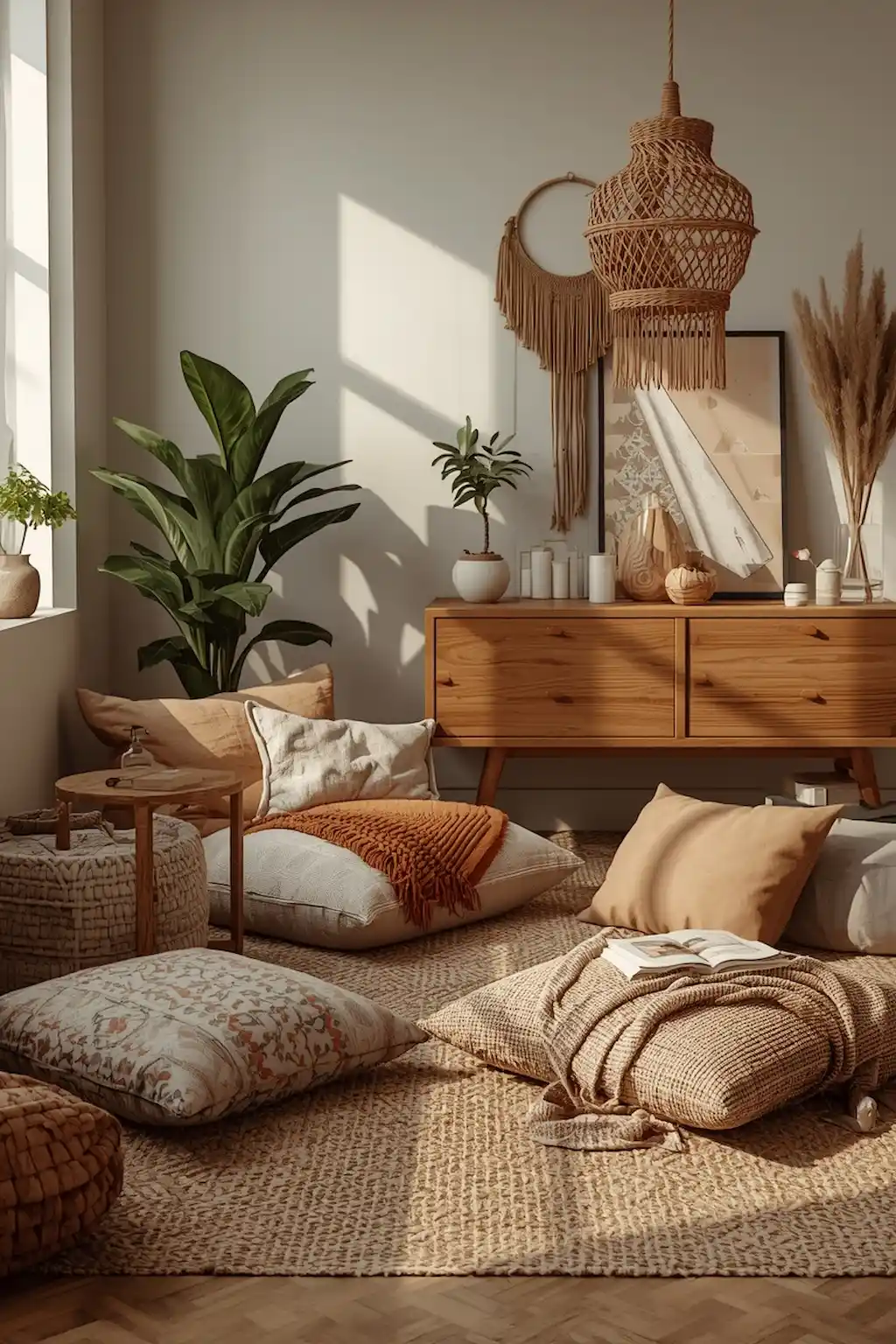 Cozy personalized boho living room with warm textures and vintage decor