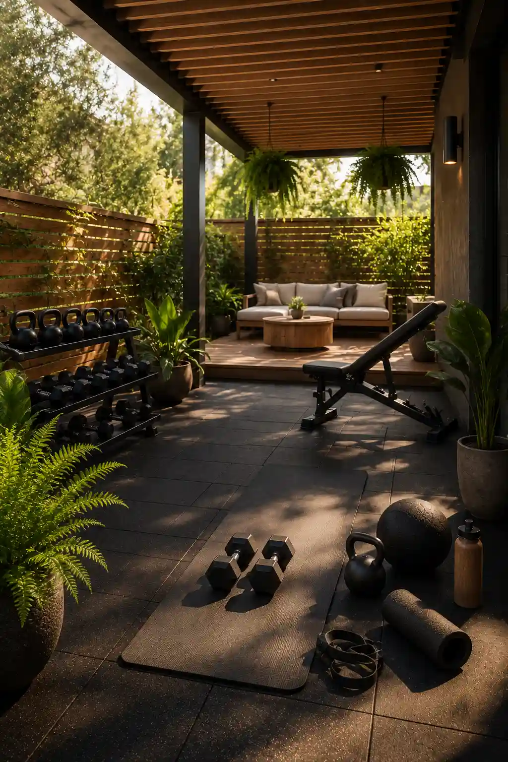 Outdoor home gym on a patio with fitness equipment and natural relaxing decor