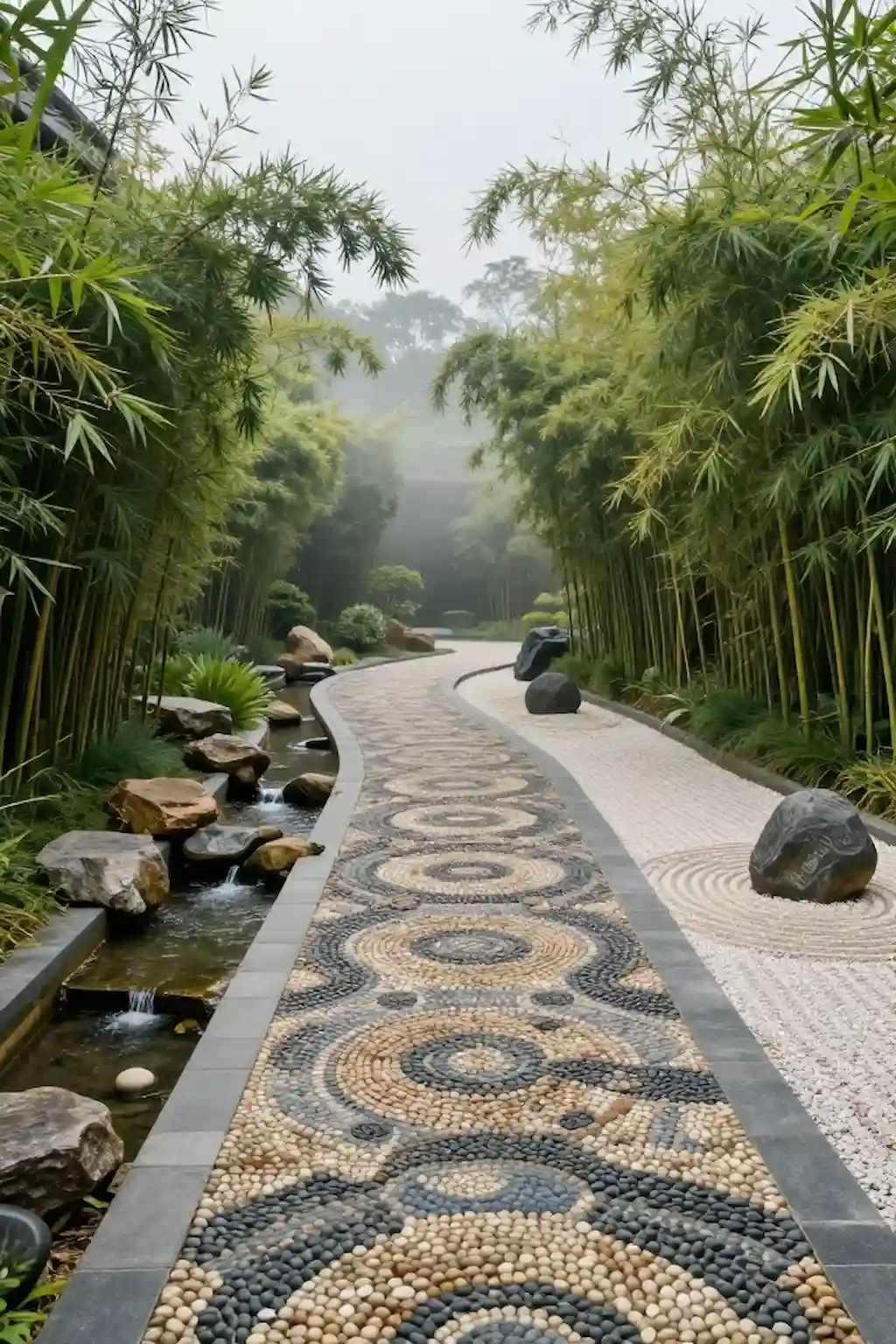 Zen garden with pebble stone flooring and tranquil landscaping elements