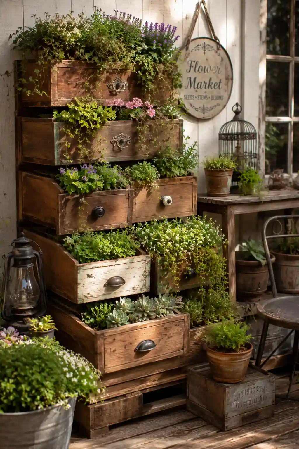 Vintage wooden drawers transformed into stacked garden planters
