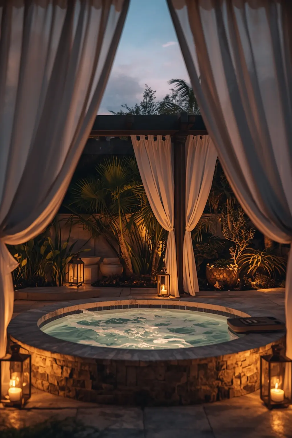 Backyard hot tub with flowing outdoor curtains and warm lighting