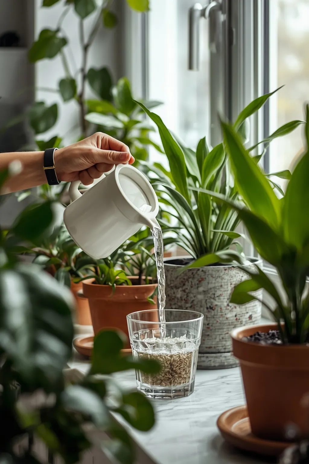 Rice water being used to nourish indoor plants naturally