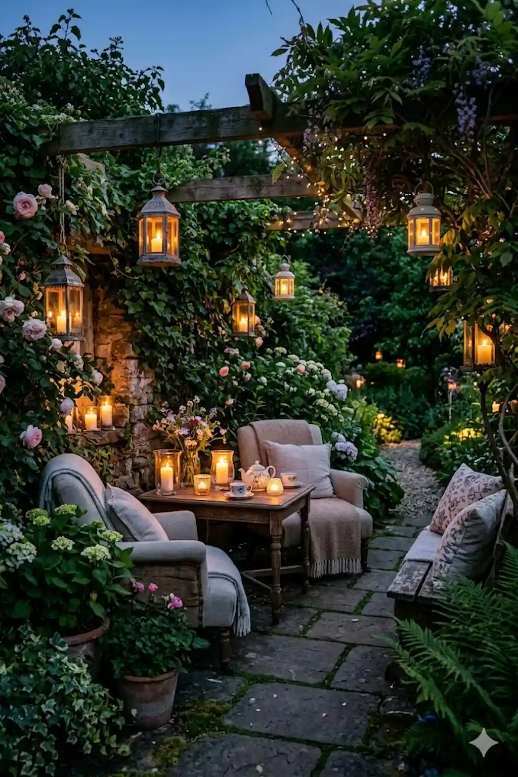 Cozy garden corner featuring candles and lanterns creating a peaceful atmosphere