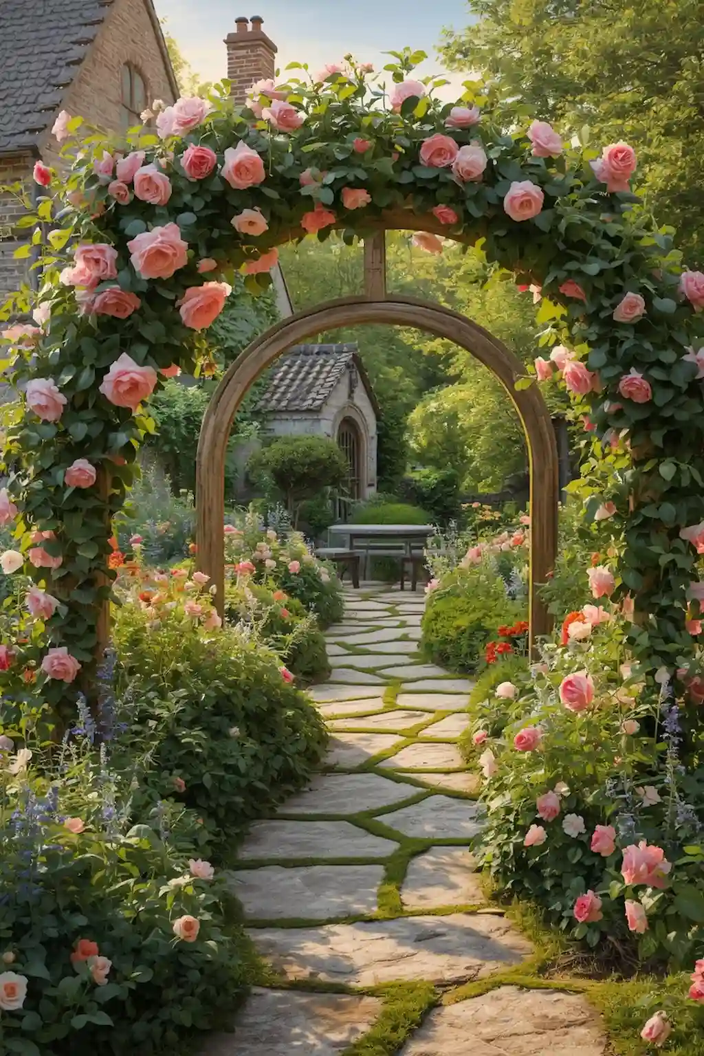 Curved stone pathway through a romantic cottage garden filled with colorful flowers and climbing roses.