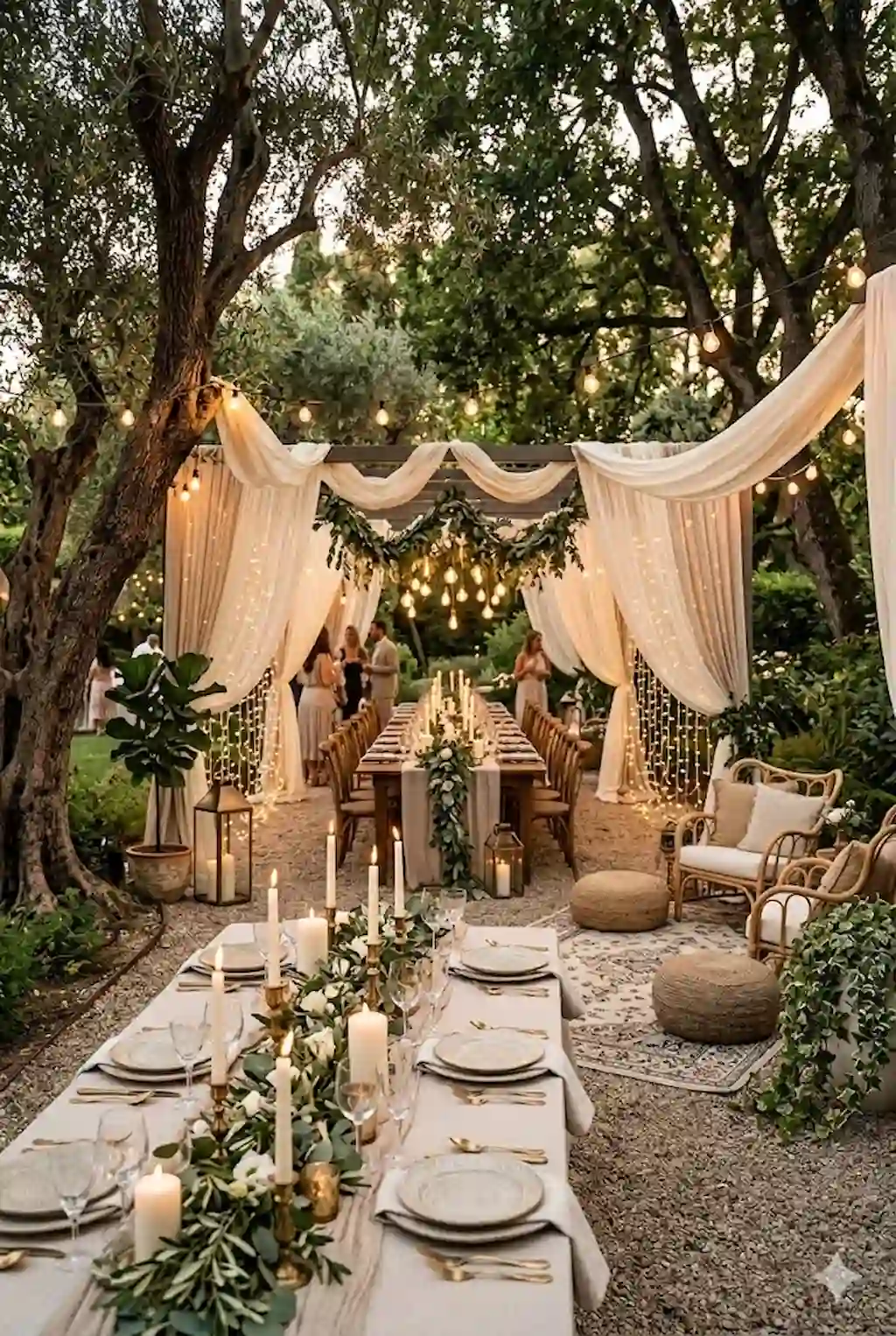 Flowing fabric backdrop with lights for an outdoor garden party
