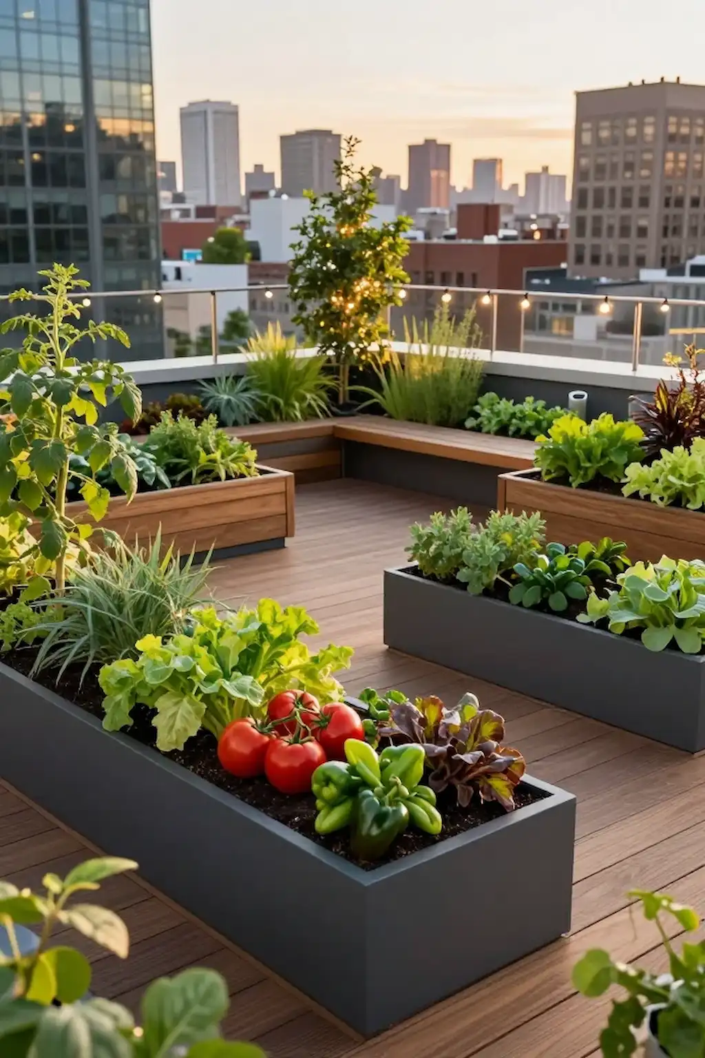 Urban rooftop vegetable garden with raised containers and greenery