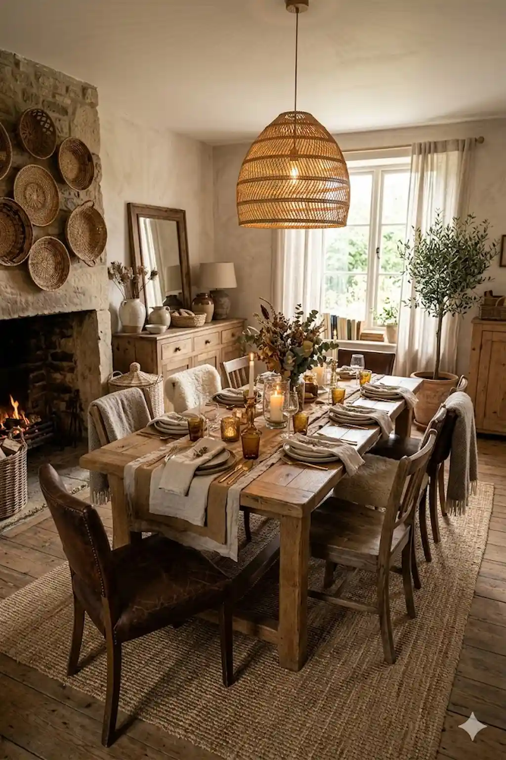 Rustic dining room featuring wood furniture, linen textiles, woven decor, and layered natural materials