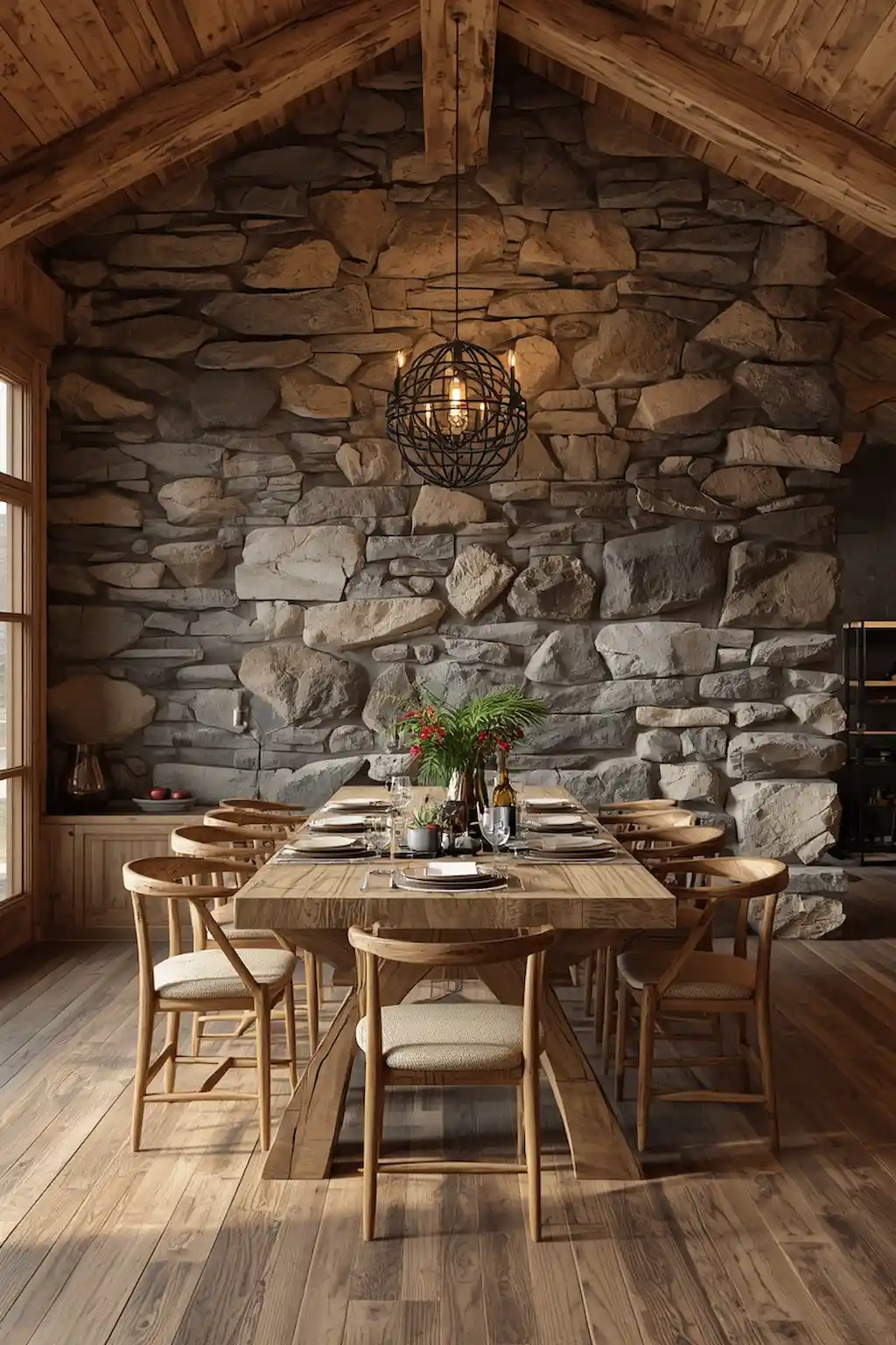 Rustic dining room with stone feature wall, wooden furniture, and warm earth-tone decor