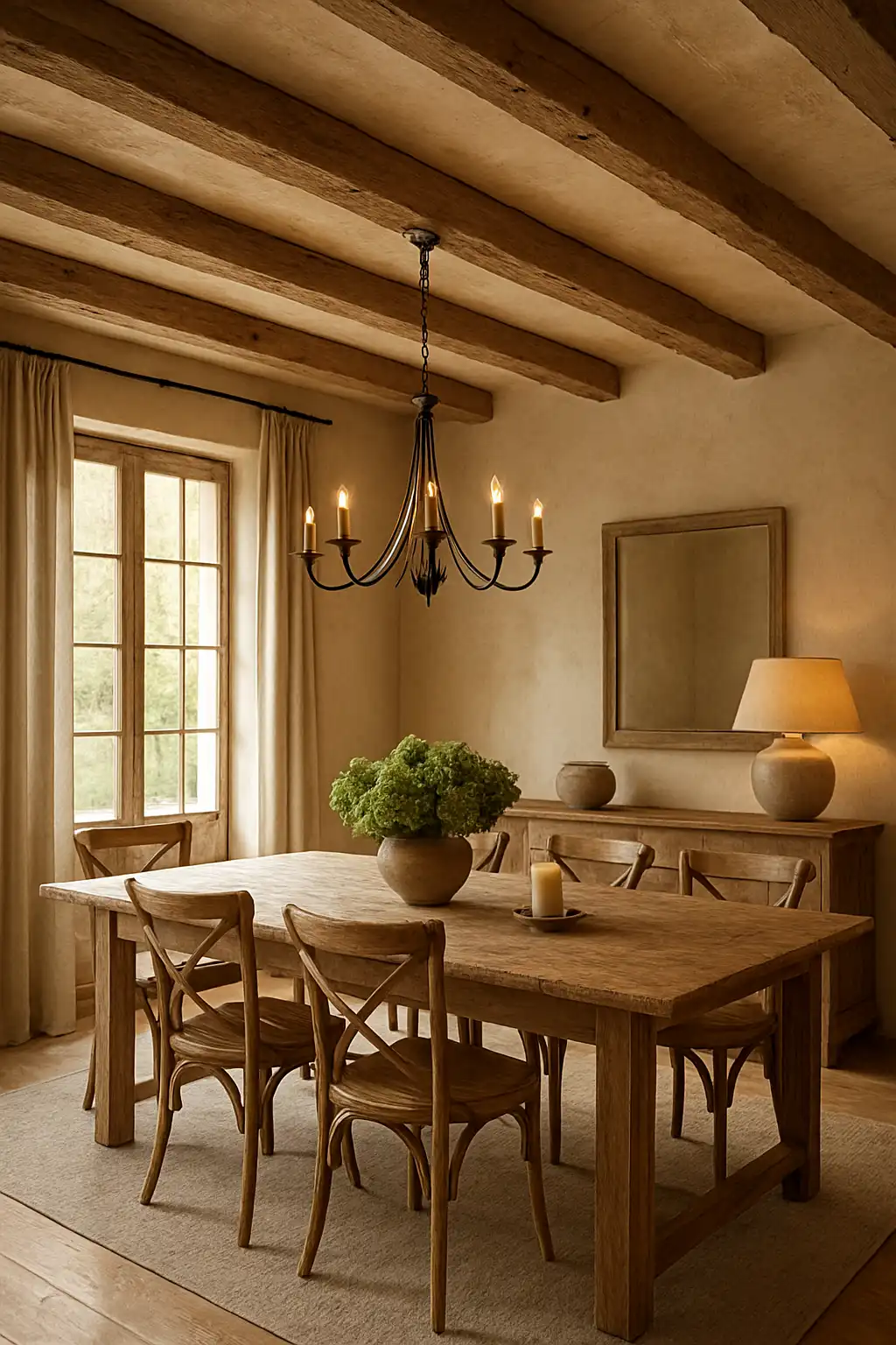 Rustic dining room featuring exposed wood beams, warm lighting, and a solid wood dining table