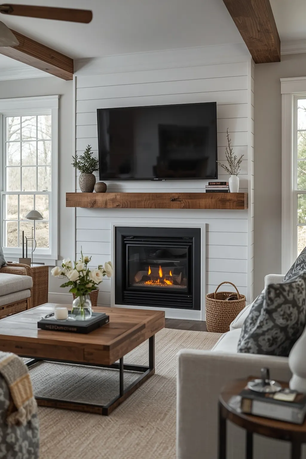 Farmhouse-style electric fireplace wall with TV, shiplap, and rustic wood accents