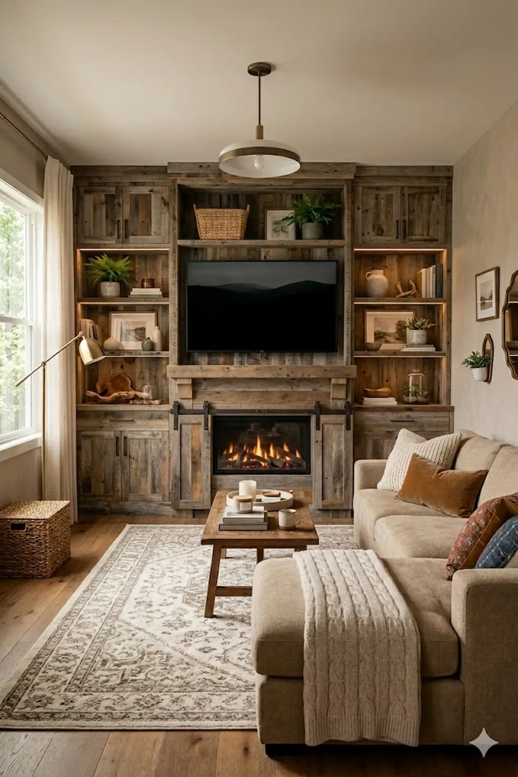 Farmhouse TV cabinet with reclaimed wood and sliding barn doors