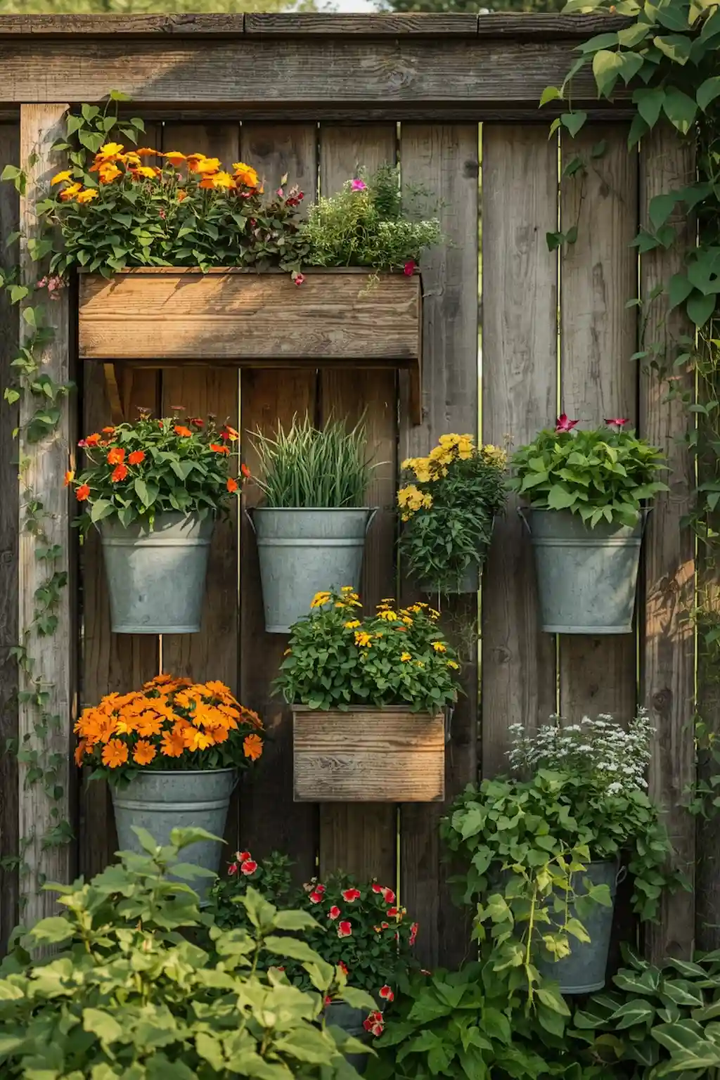 Wooden garden fence decorated with rustic hanging planters and flowers