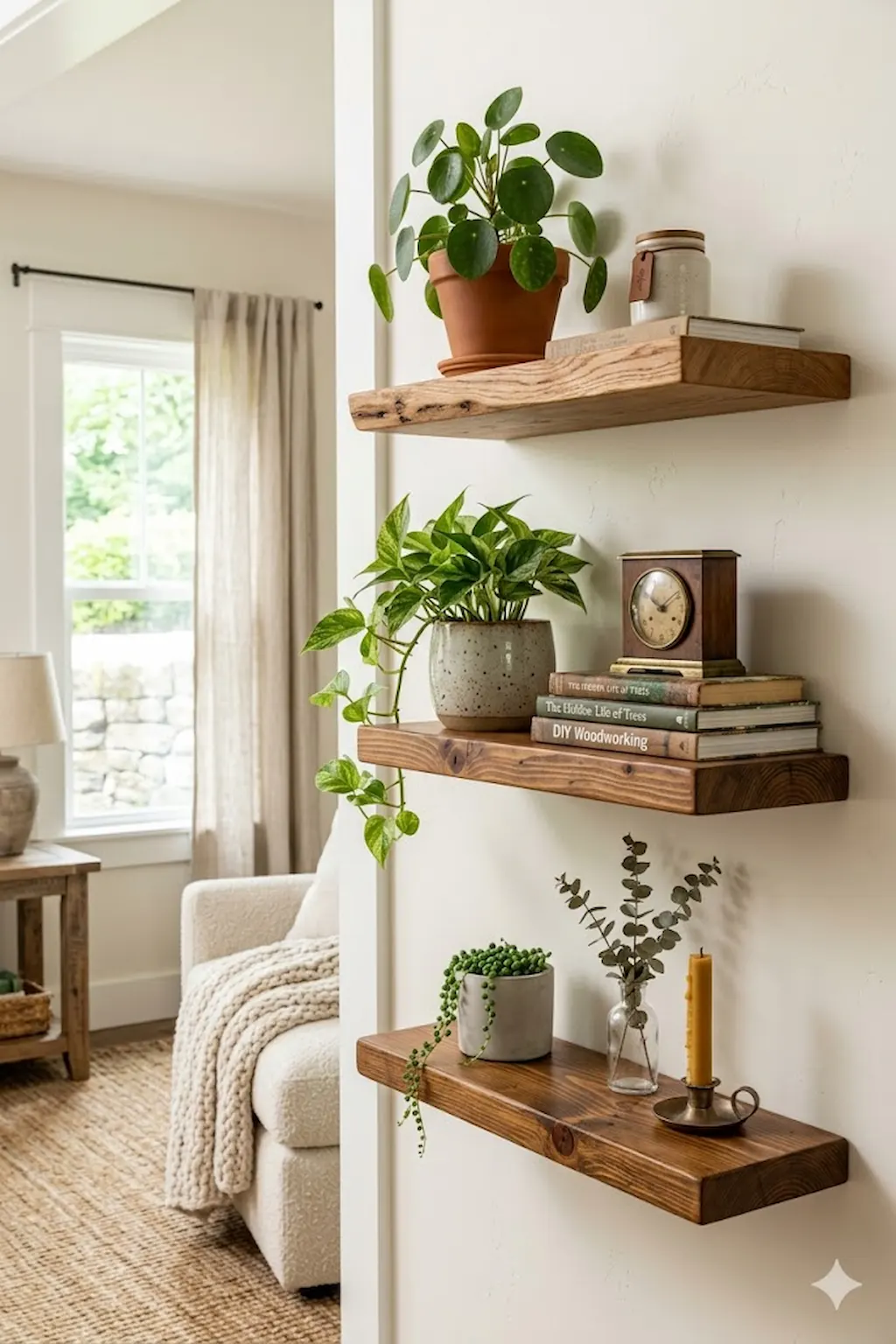 Rustic floating wooden shelves with farmhouse-style decor and warm wood finishes