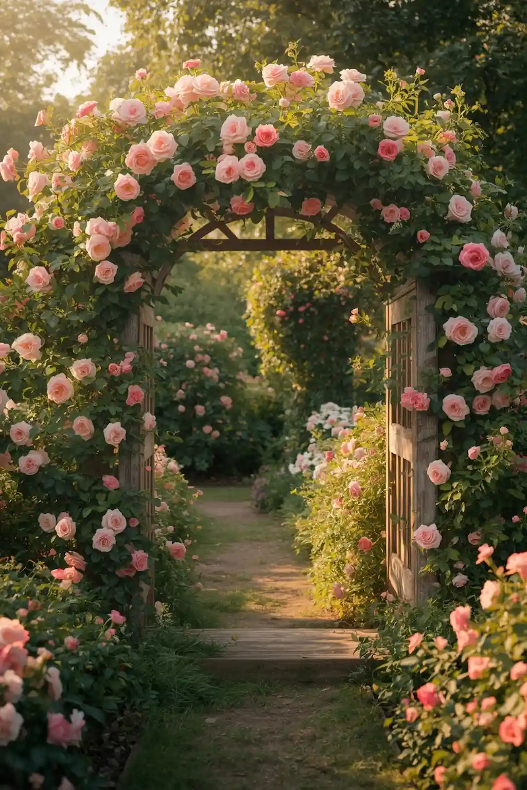 Rustic wooden garden arch covered with roses in a romantic cottage-style garden.