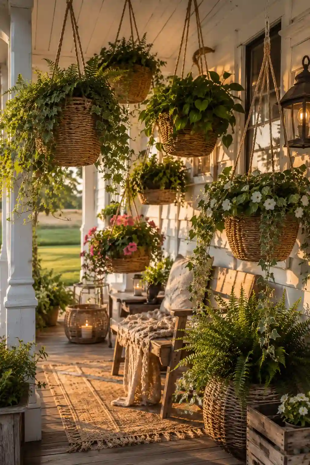 Hanging woven basket planters with trailing greenery on a cozy porch