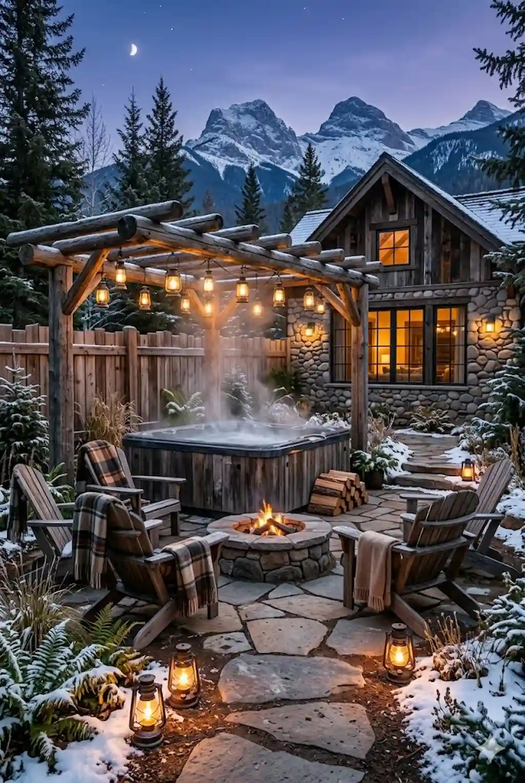 Rustic backyard hot tub with lantern lighting and natural wood decor