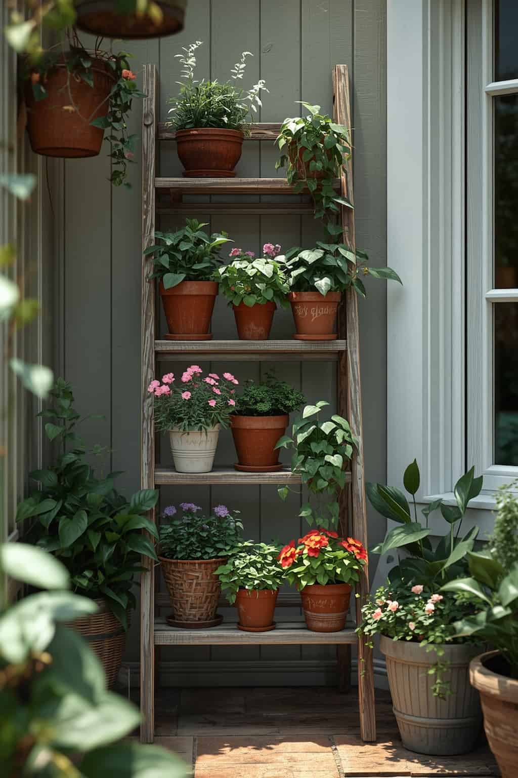 Wooden ladder decorated with cascading plants and rustic flower pots