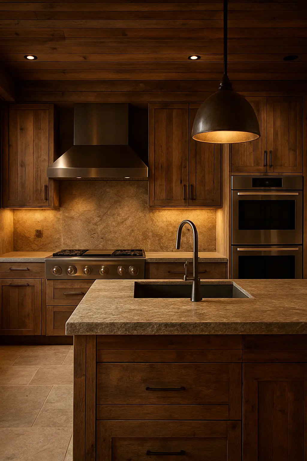 A sophisticated rustic-modern kitchen blending reclaimed wood cabinetry, natural stone surfaces, sleek stainless steel appliances, warm lighting, and contemporary design details, creating a balanced timeless interior that feels both luxurious and inviting, premium photorealistic photography, vertical 2:3 ratio, no text on image
