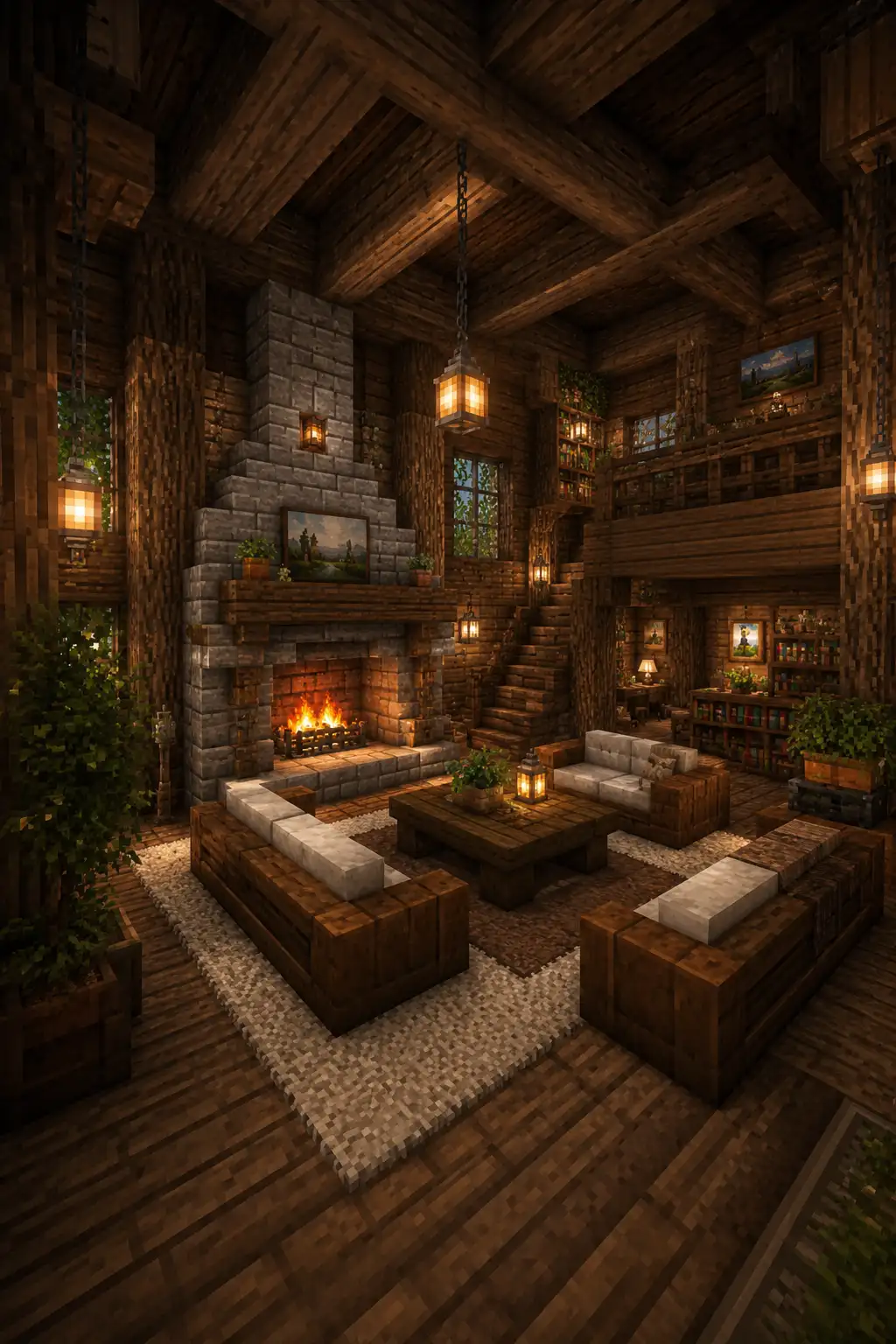 Rustic Minecraft living room with wooden and cozy cabin design