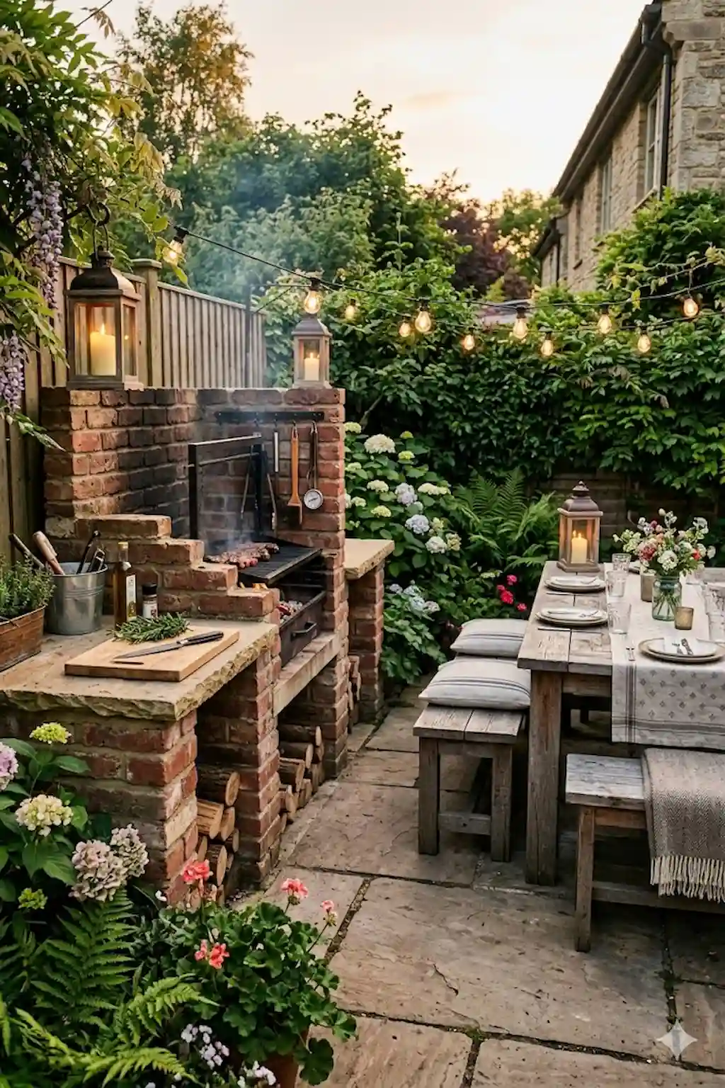 Rustic BBQ area with brick grill, wooden furniture, and lantern lighting