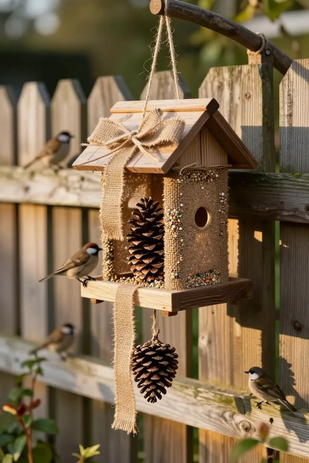 Pine cone bird feeder decorated with dried orange peels and seeds