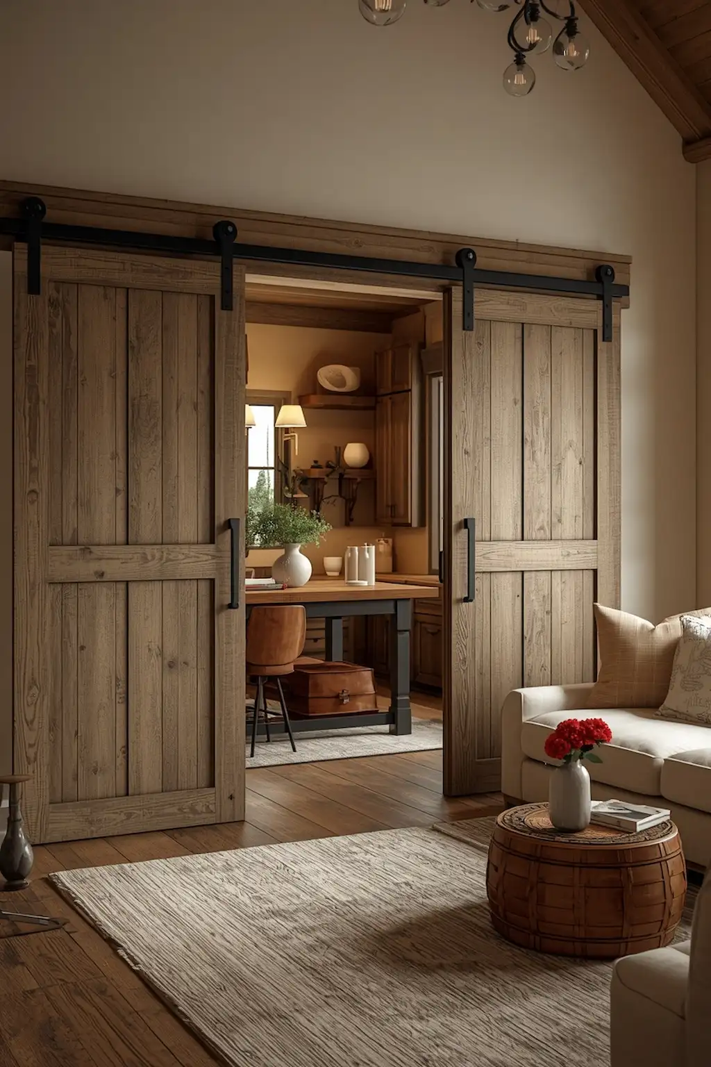 farmhouse living room with sliding wooden barn doors divider