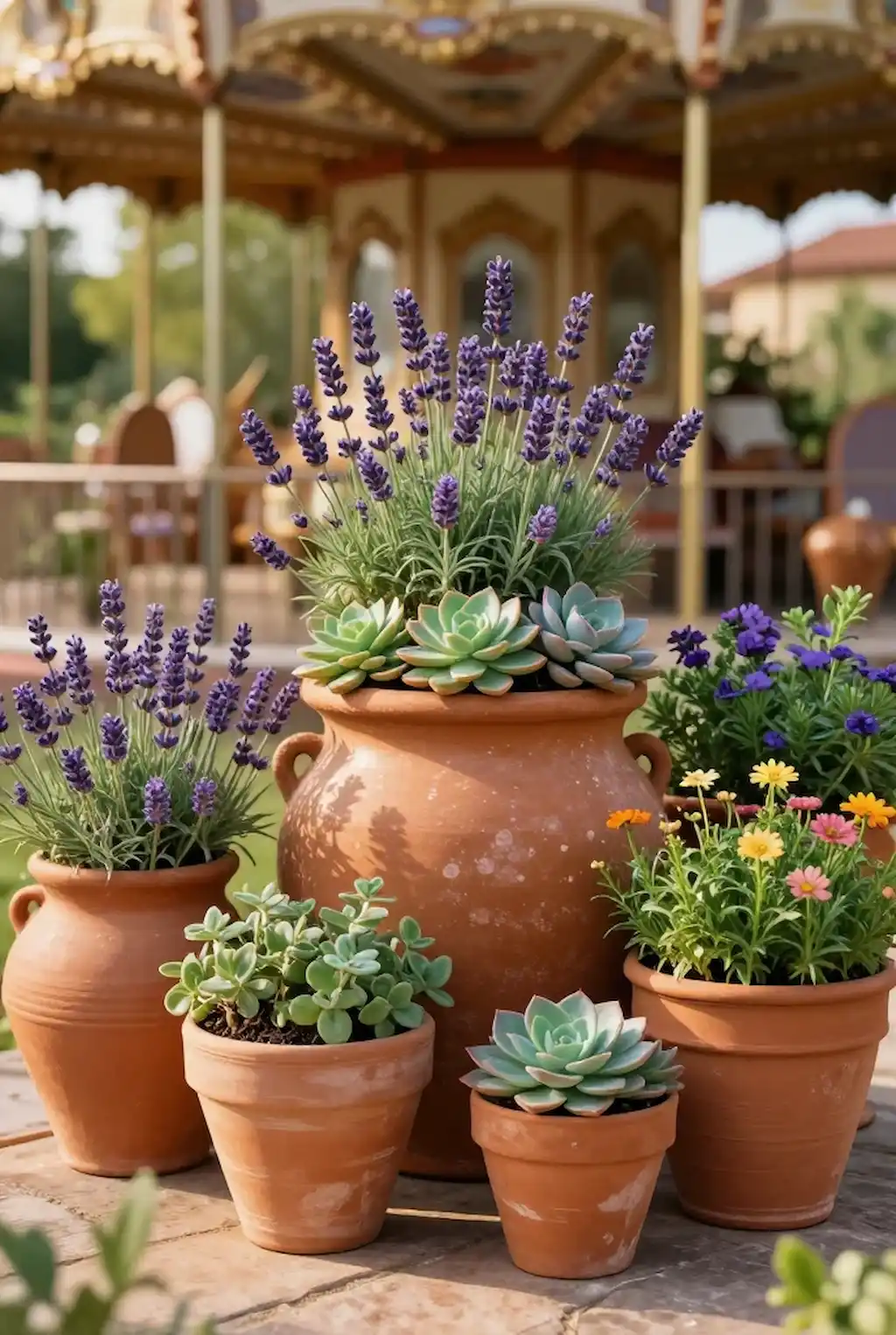 Terracotta clay pots arranged beautifully in a rustic garden setting