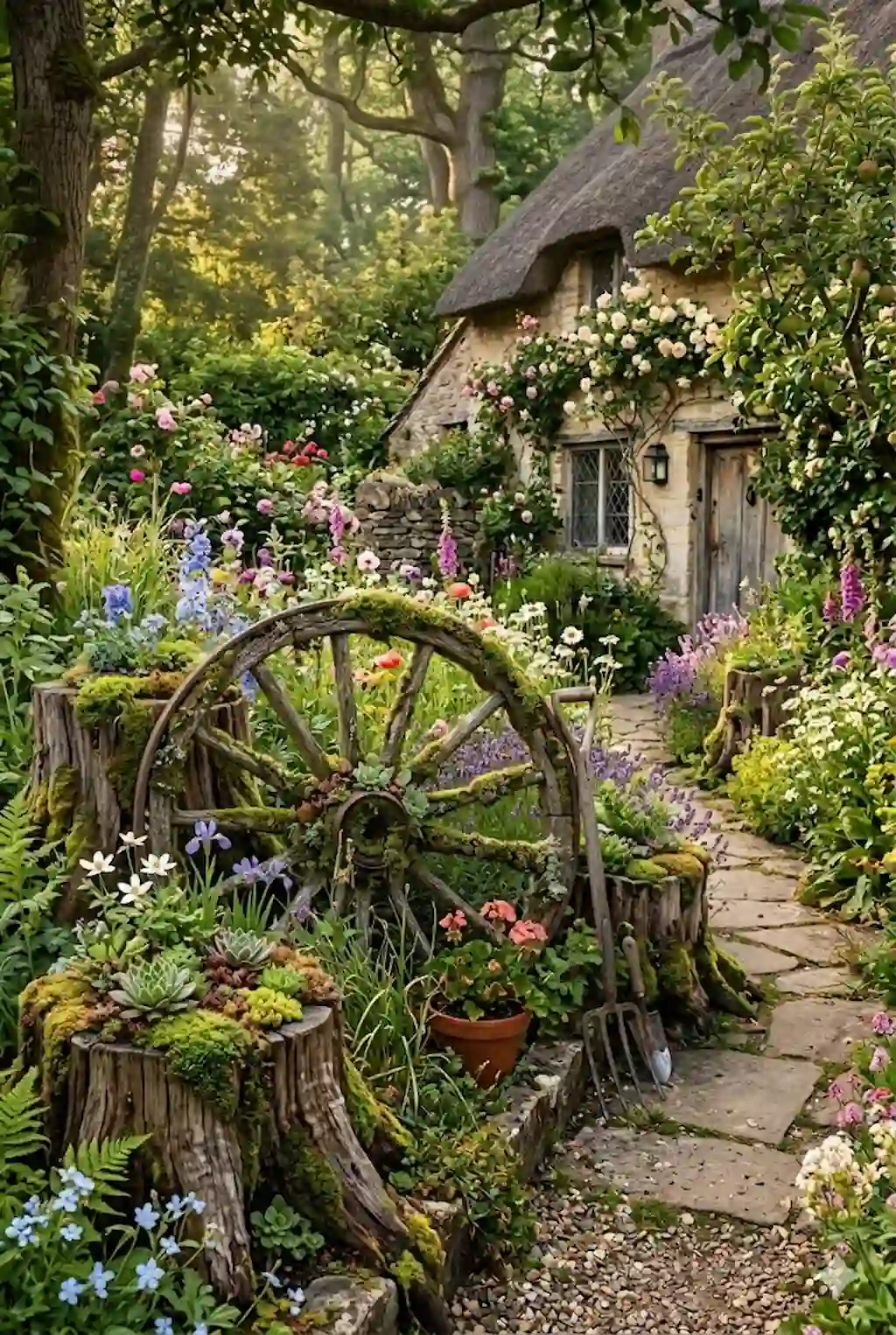 Natural tree stump planters filled with moss and flowers in a woodland garden
