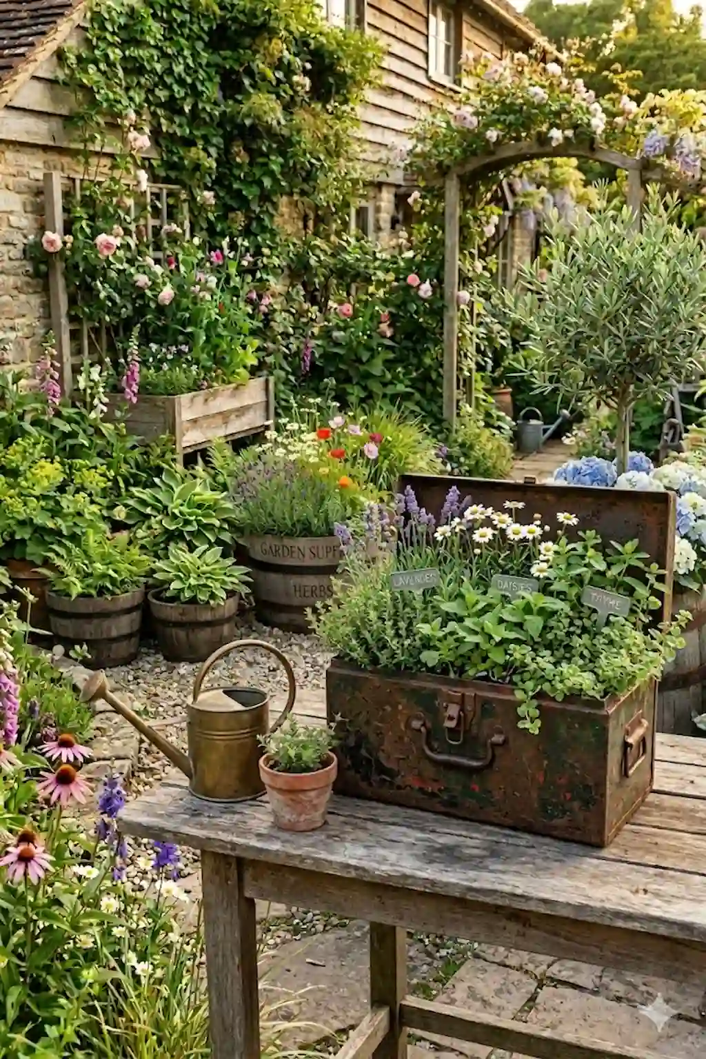 Old vintage toolbox planter filled with colorful flowers and herbs