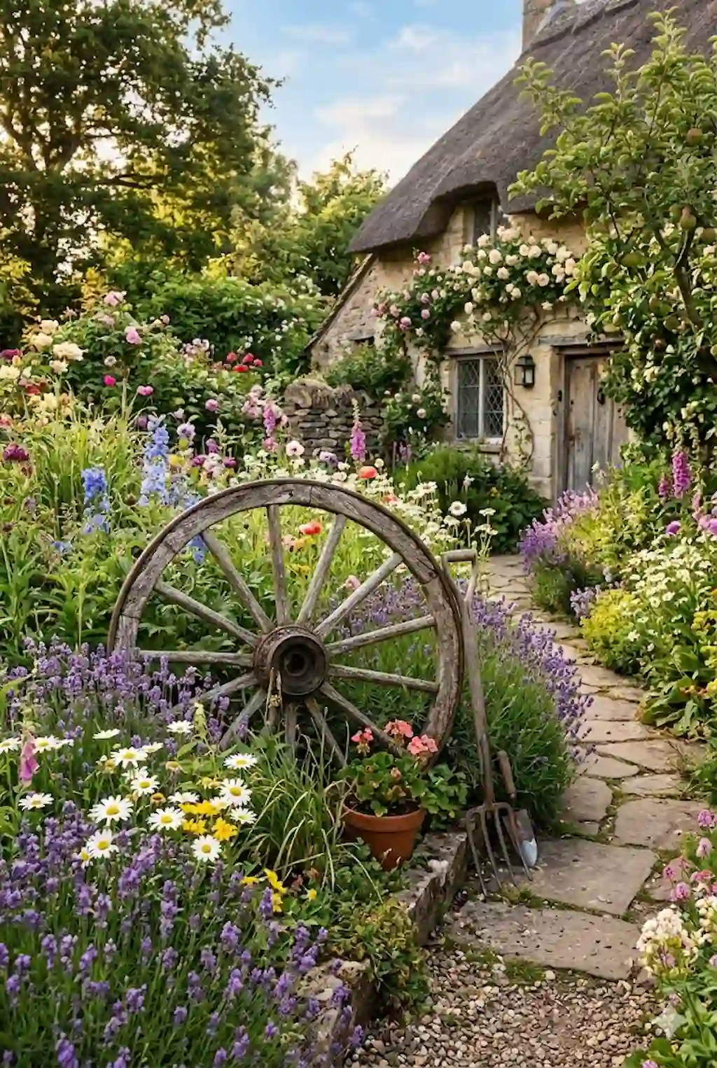 Vintage wagon wheel surrounded by colorful flowers in a rustic garden