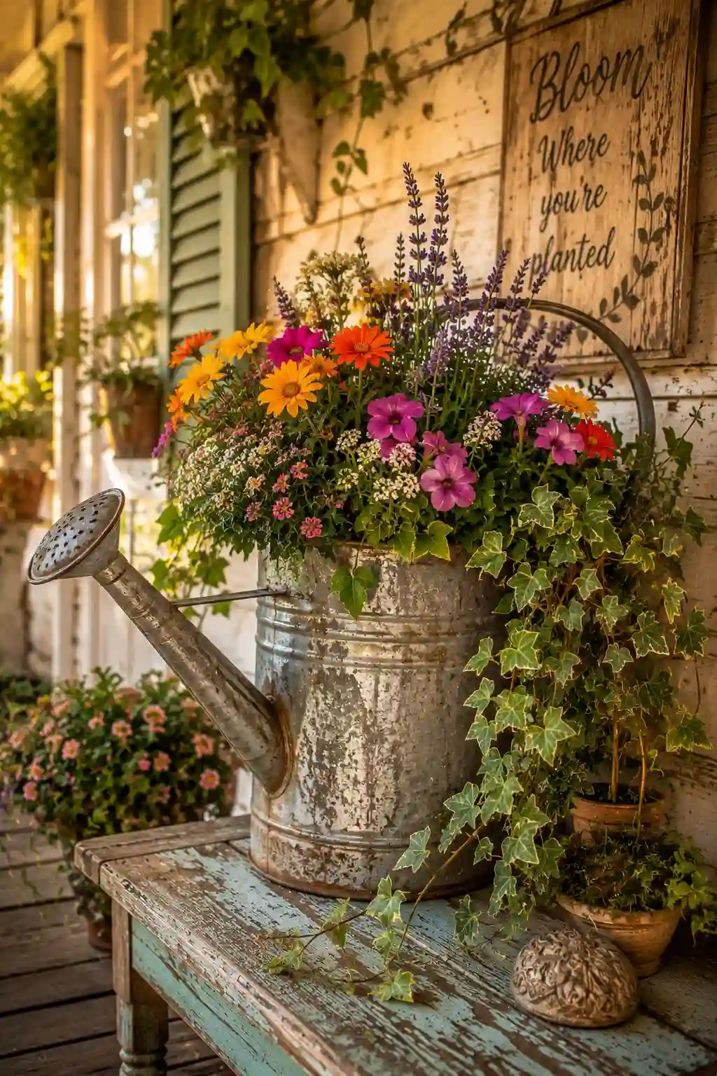 Vintage watering can planter filled with colorful flowers on a farmhouse porch
