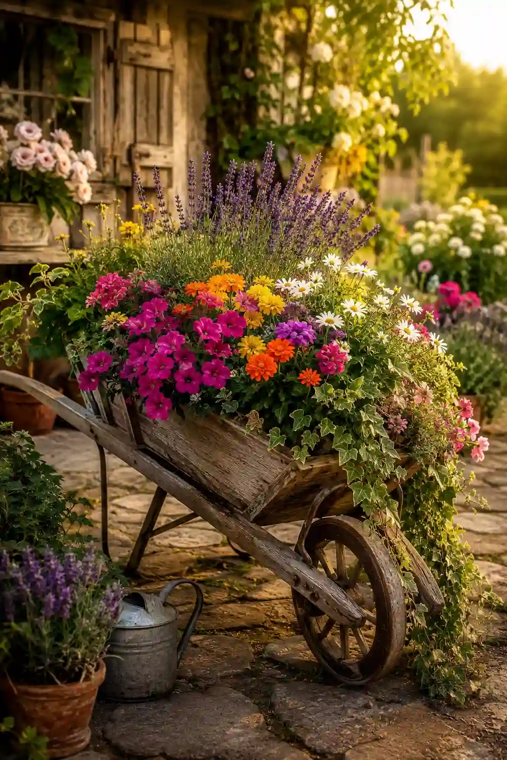 Vintage wheelbarrow planter overflowing with colorful cottage garden flowers