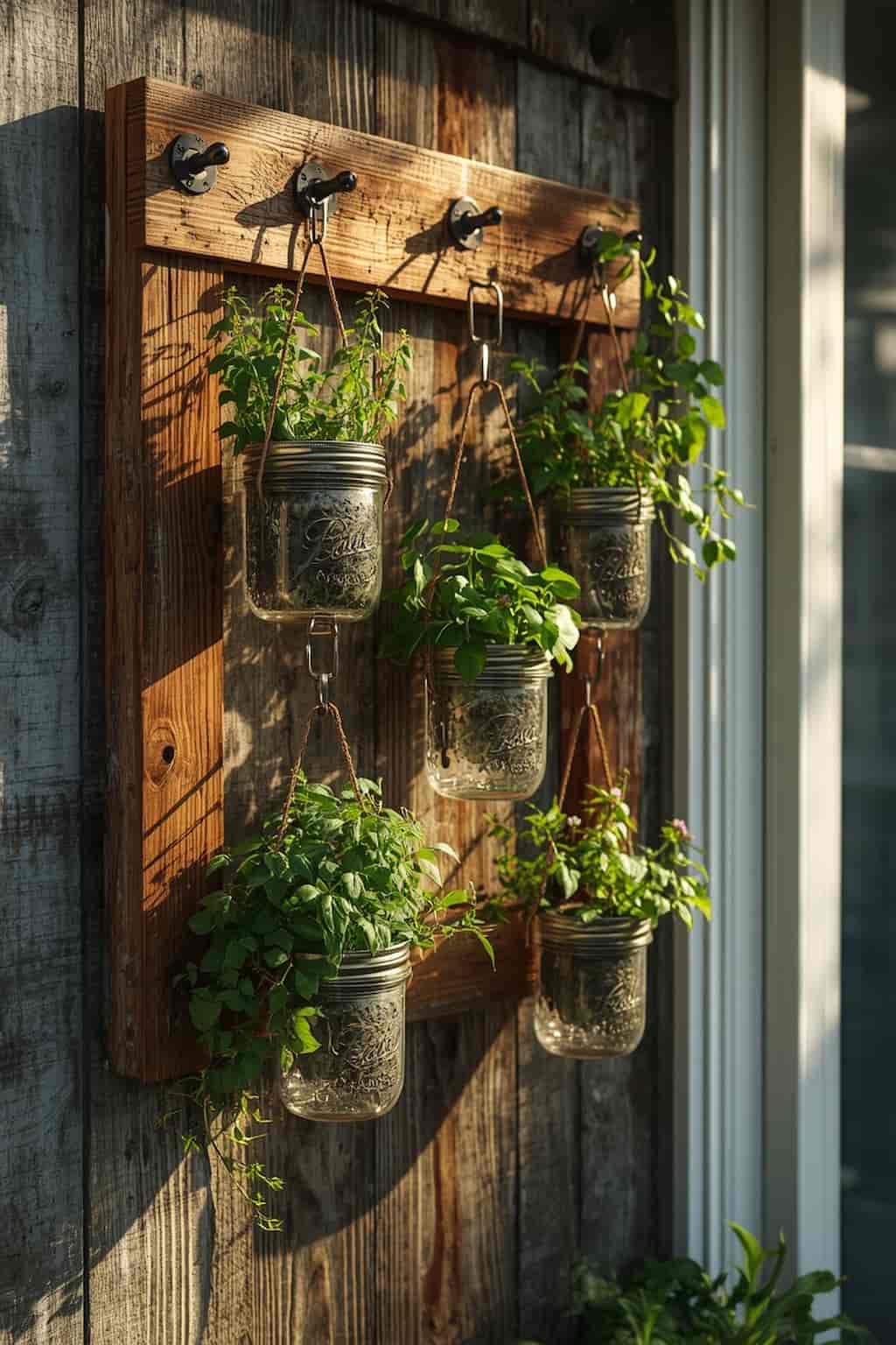 Wooden window box overflowing with colorful cottage garden flowers