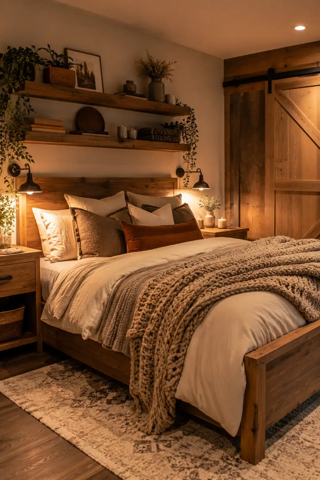 Rustic cozy bedroom with natural wood furniture and warm earthy decor.