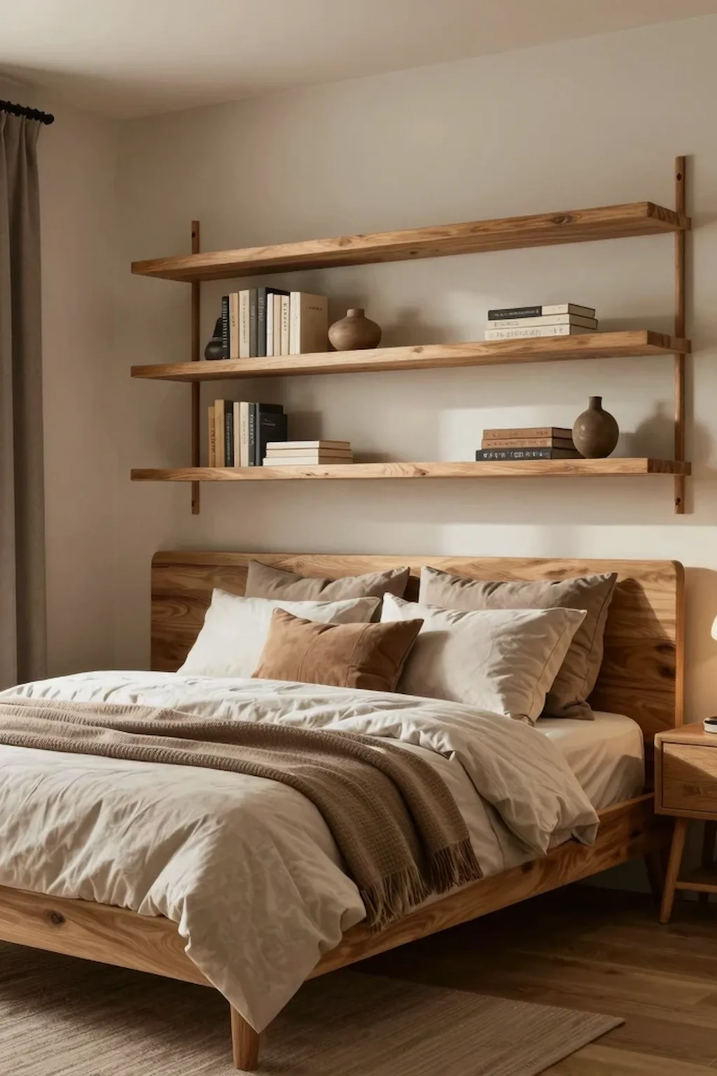 Cozy small bedroom with natural wood furniture and warm rustic decor.