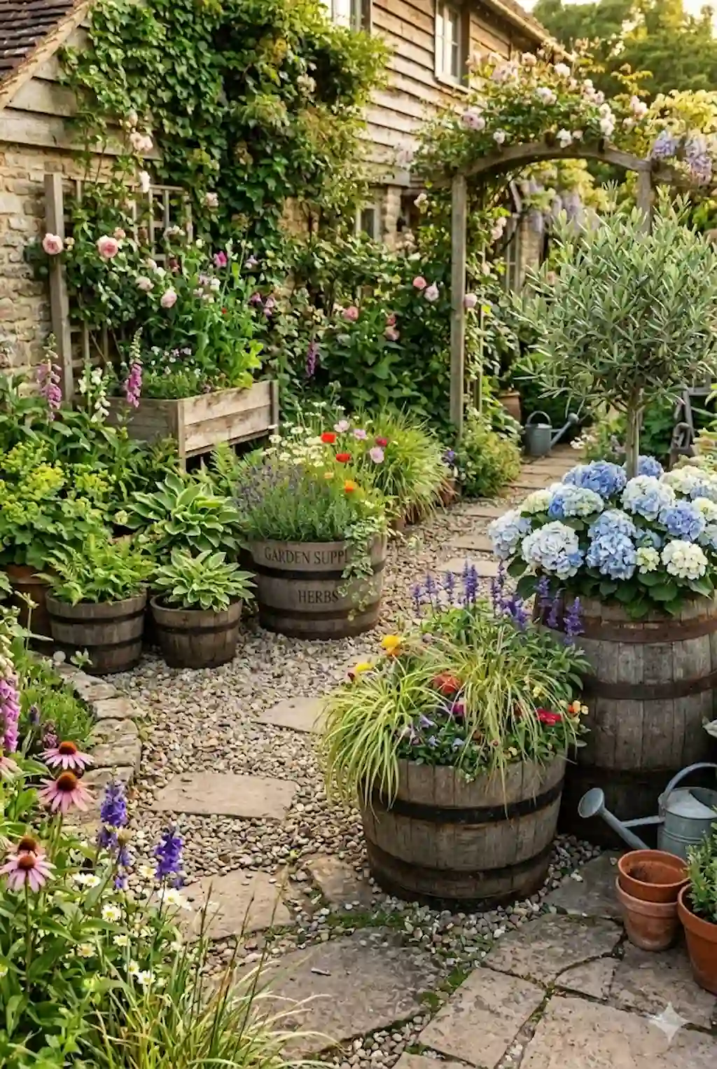 Farmhouse garden with rustic barrel planters filled with flowers and greenery