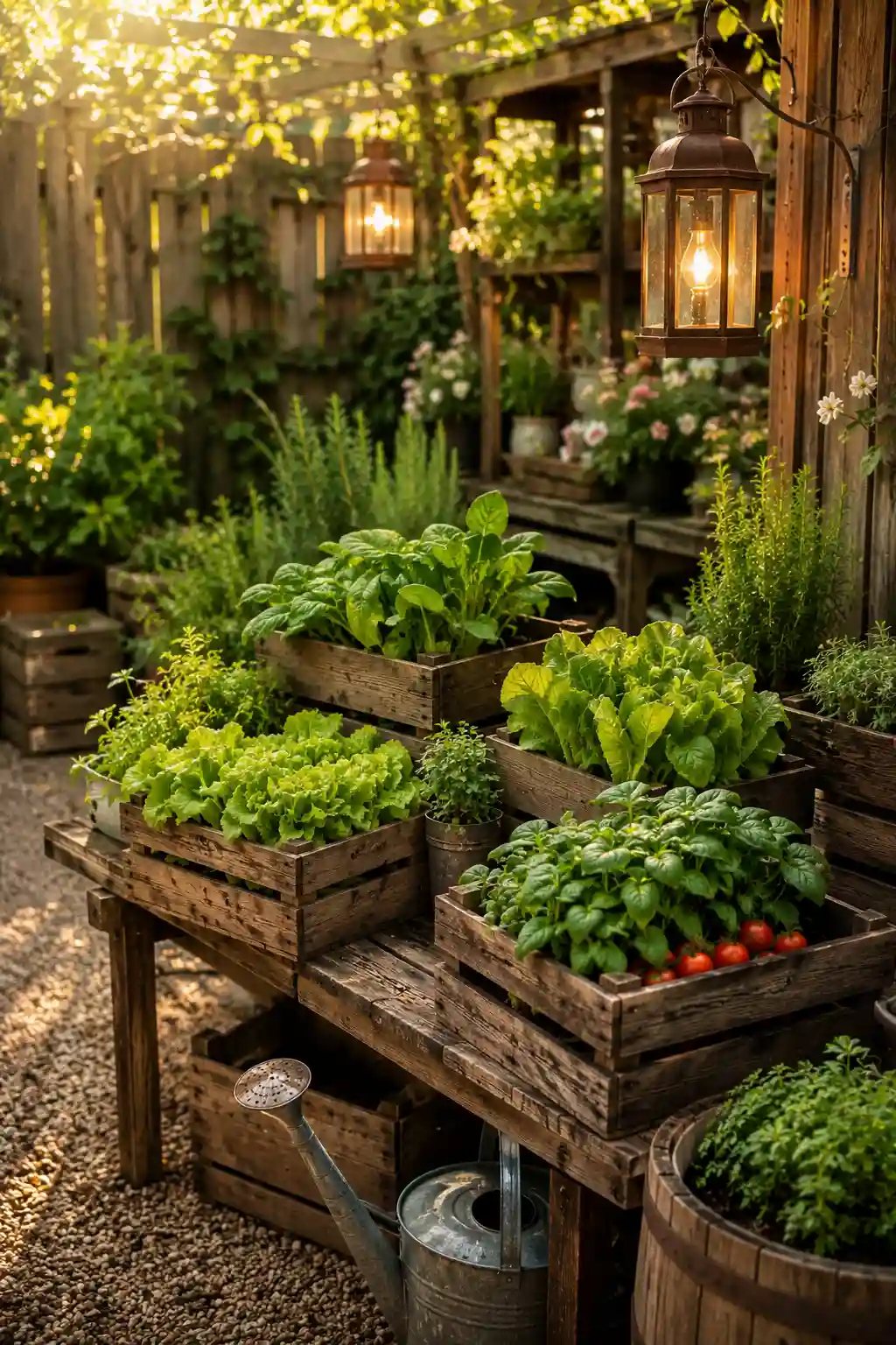Rustic vegetable garden made with wooden crates and herbs