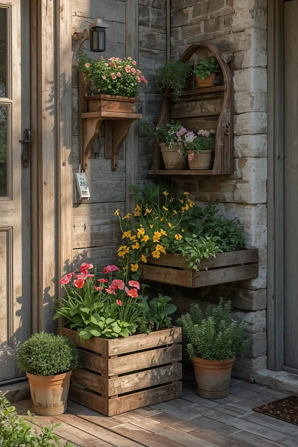 Weathered wooden crate planters filled with flowers and herbs in a rustic garden