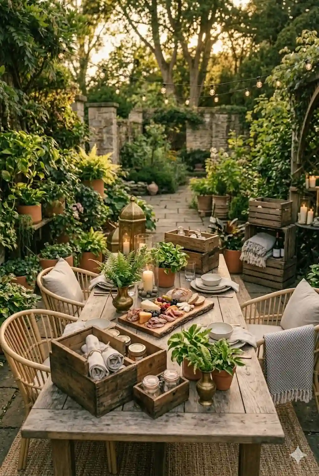Rustic wooden garden party decor with candles and greenery