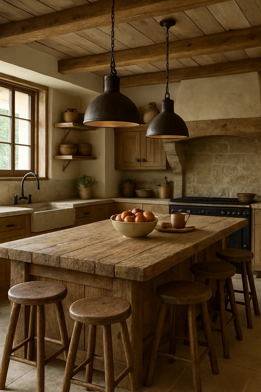 Rustic kitchen with large wooden island
