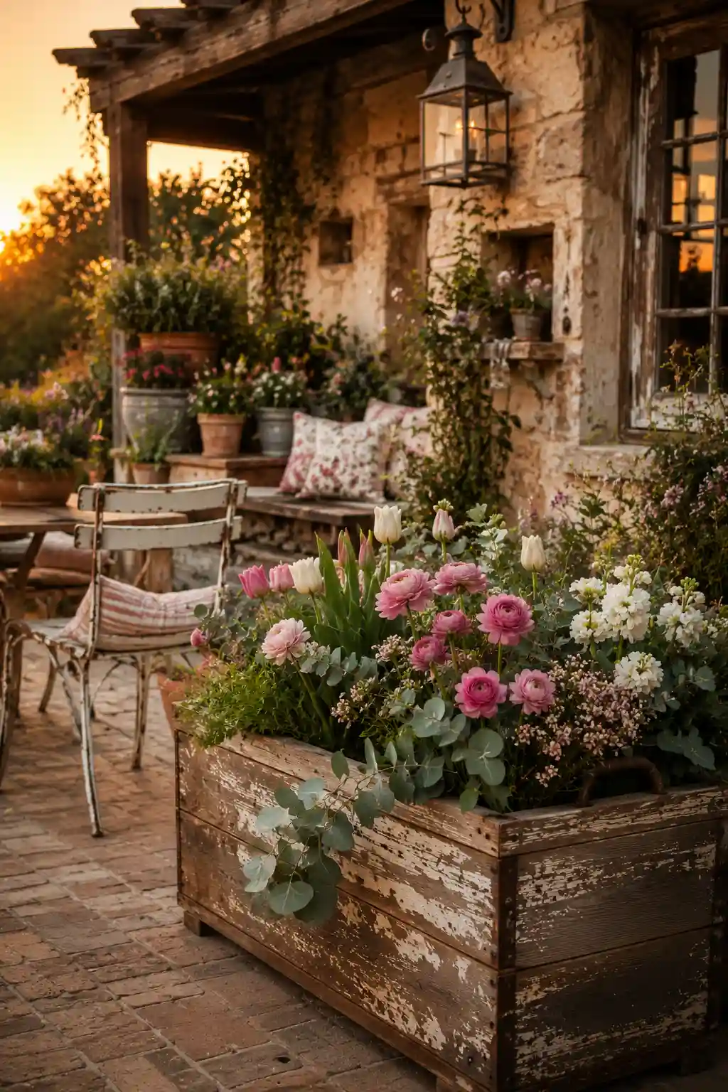 Rustic wooden planters with colorful spring flowers and greenery