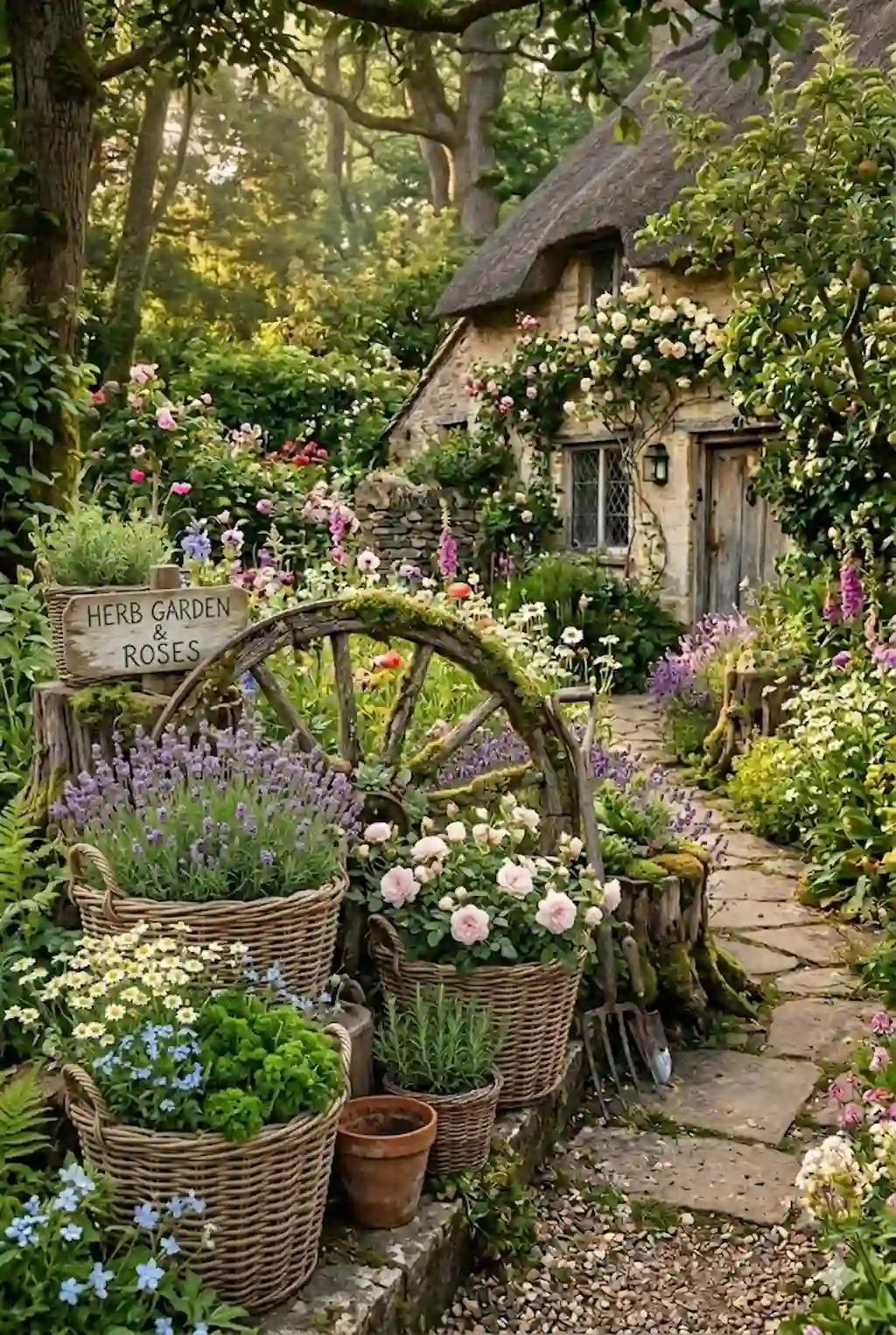 Woven basket planters filled with greenery and flowers in a rustic garden