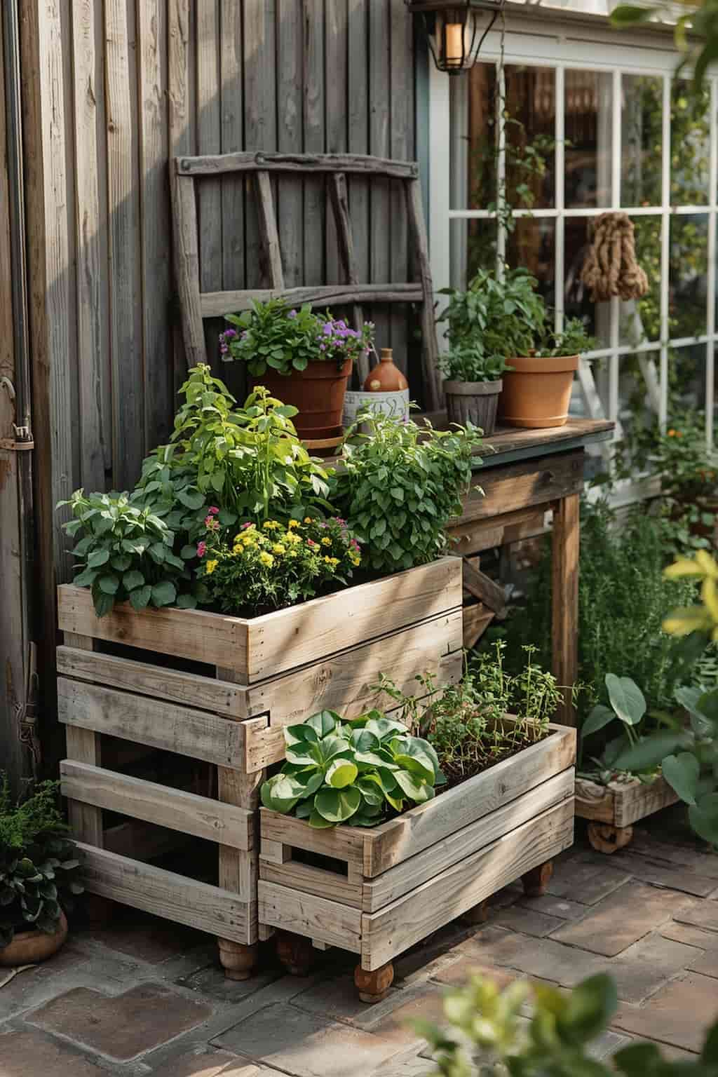 Rustic reclaimed wood planter boxes filled with herbs and flowers
