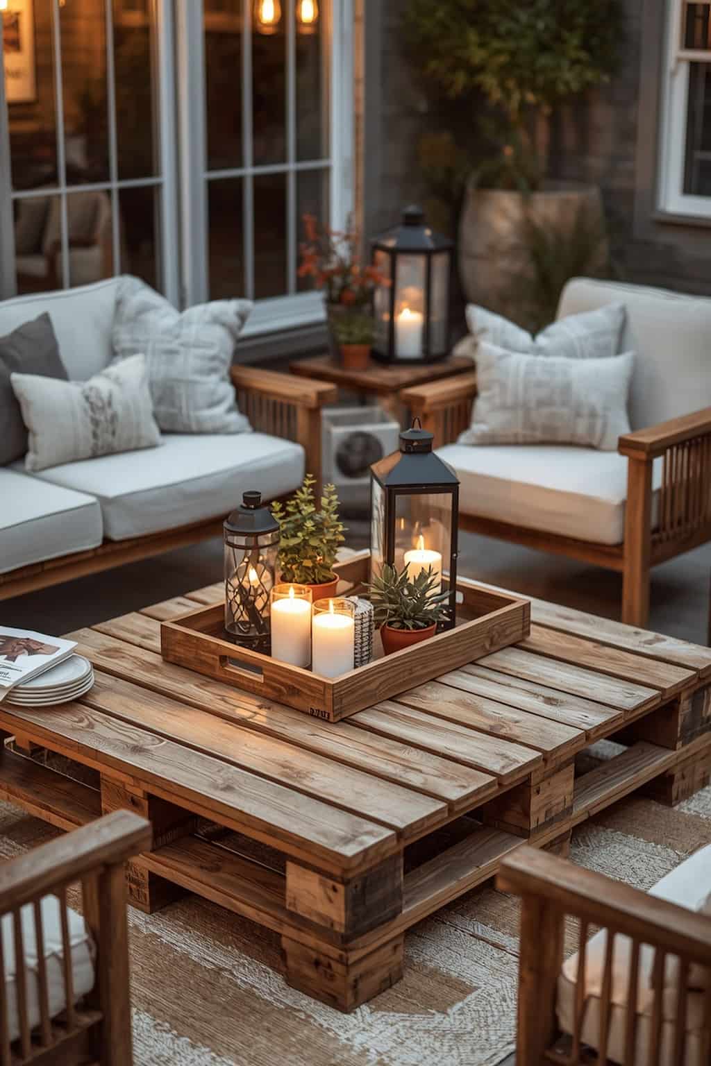 Rustic wooden pallet coffee table with stylish patio decor