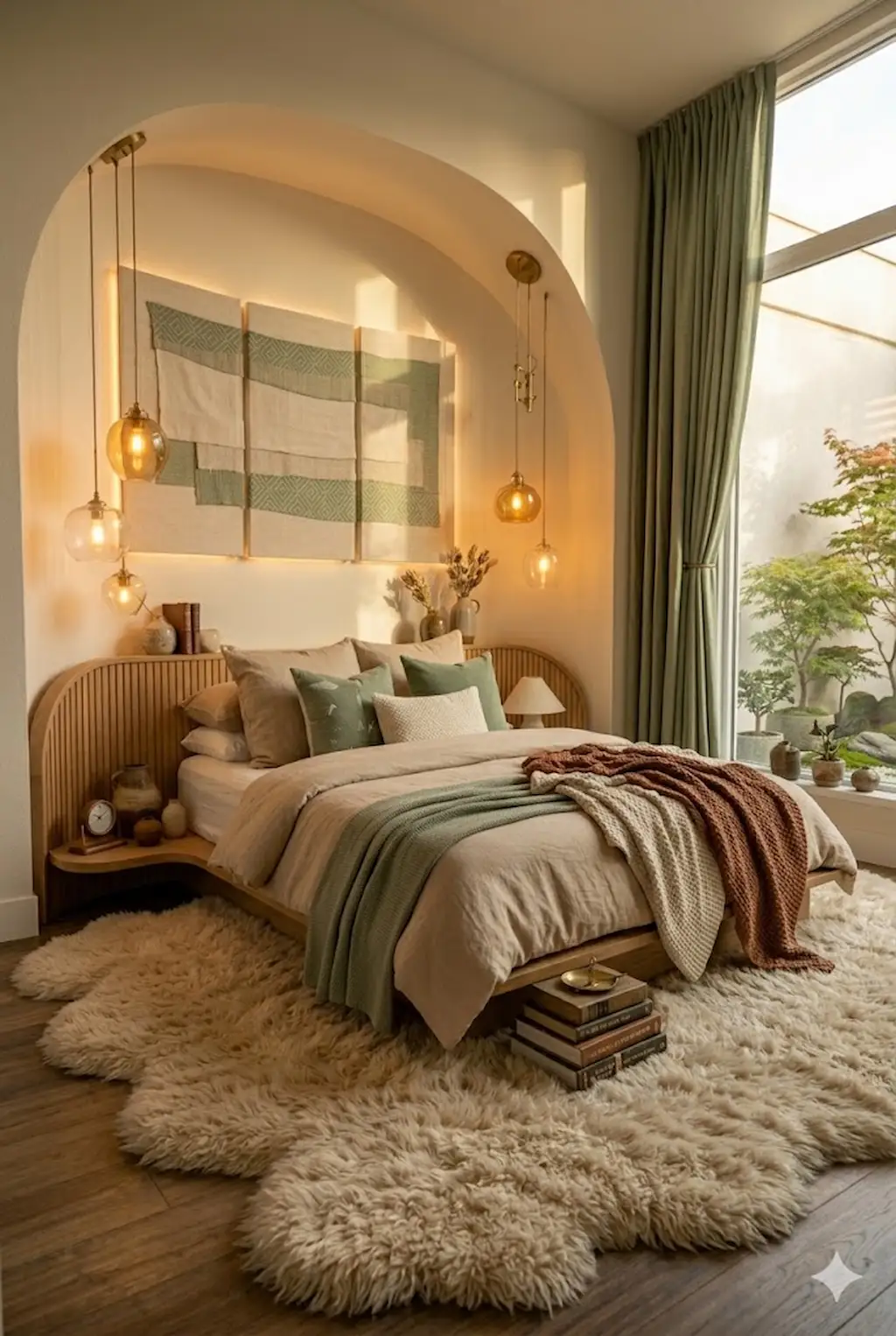 Cozy bedroom with sage green accents and warm neutral decor