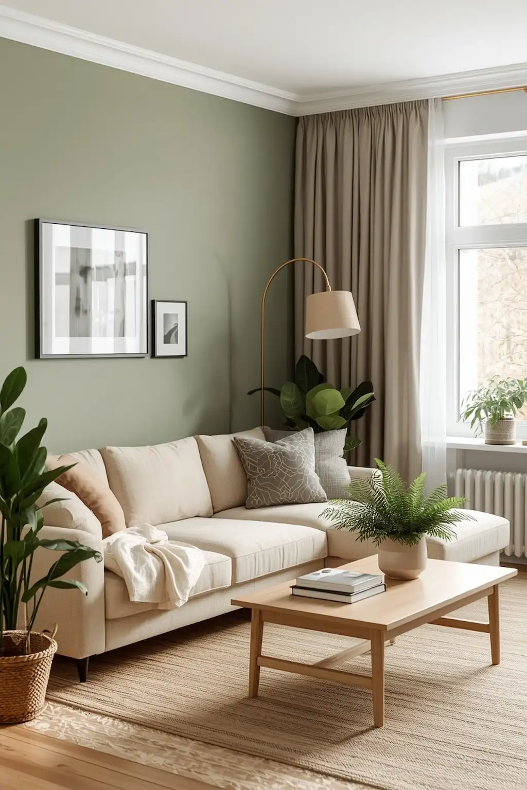 Sage green living room with cream sofa and natural decor accents