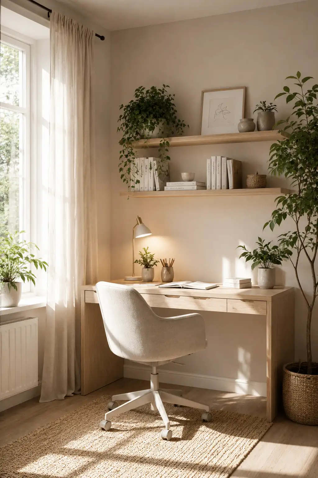 Scandinavian-inspired apartment study room with light wood furniture, neutral colors, and natural lighting